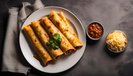 Close-up of a plate of enchiladas, with toppings like cheese and chili sauce. The enchiladas are arranged on a white plate and the toppings are in small bowls. A gray napkin is in the background.の写真素材