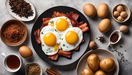 A plate of three perfectly fried eggs with smoked salmon and bacon, a delicious and hearty breakfast dish. The plate is surrounded by fresh ingredients such as potatoes, spices, and eggs, ready to be used in creating a complete and satisfying meal.の写真素材