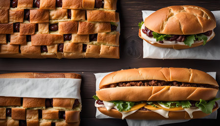 A close-up shot of four different sandwiches with various toppings. They are arranged on a wooden...
