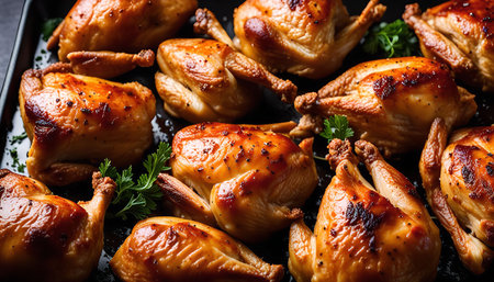 A close-up shot of roasted quail, glistening with golden brown skin. The birds are arranged on a baking tray, and the image captures their rich flavor and enticing aroma.の写真素材