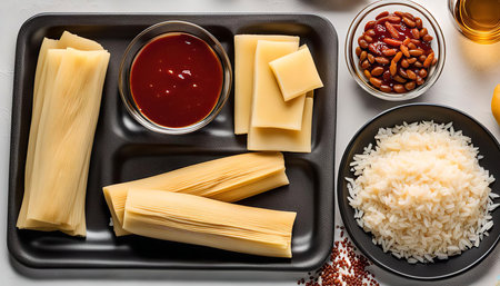 A school lunch tray with a variety of foods, including tamales, rice, beans, and cheese. The tray is black and the food is arranged in a pleasing manner. The food looks appetizing and ready to eat.の写真素材