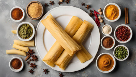 A plate of tamales surrounded by various spices and ingredients, showing the rich flavors and textures of Mexican cuisine.の写真素材