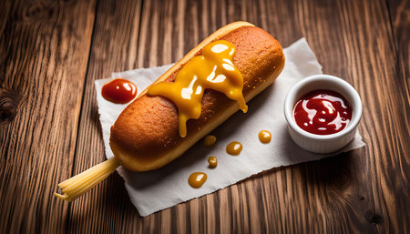 A close-up shot of a corn dog with mustard and ketchup on a wooden background. The corn dog is a popular American food.の写真素材