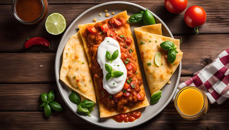 A closeup shot of Mexican quesadillas served on a gray plate with sour cream, chili sauce, basil, and lime. The quesadillas are on a wooden table with a glass of orange juice and some tomatoesの写真素材