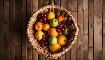 A wicker basket overflowing with fresh fruit, including oranges, apples, and cherries, sits on a wooden table. The vibrant colors and the natural textures create a visually appealing still life, perfect for a food or nature photography project.の写真素材