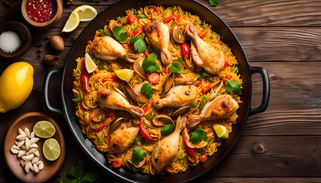 A traditional Spanish paella dish with chicken, seafood, vegetables, and rice, displayed in a black pan on a wooden background.の写真素材