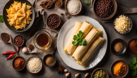 A close-up shot of a plate of tamales with a variety of toppings and spices. The tamales are wrapped in corn husks and are arranged on a white plate. The toppings include cheese, beans, rice, cinnamon, cumin, herbs, and parsley. The image is taken from a high angle and is illuminated with natural light. The background is a dark brown surface.の写真素材