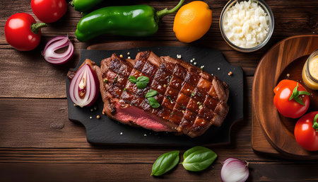 A close-up of a grilled steak with side dishes including tomatoes, onions, and basil, on a rustic wooden tableの写真素材