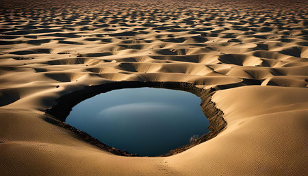 A stunning aerial view of a serene oasis in the heart of a vast desert. The contrasting blue water of the lake stands out against the golden sand dunes, creating a captivating scene of natural beauty.の写真素材