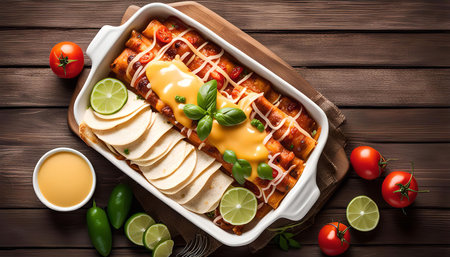 A close-up of a plate of enchiladas with melted cheese, sour cream, and tomato sauce. The dish is garnished with fresh basil, lime slices, and jalapenos.の写真素材