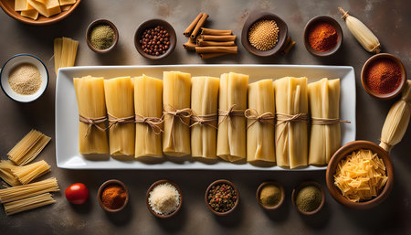 A platter of tamales, tied with string, is surrounded by an array of spices and ingredients, including cinnamon sticks, chili powder, corn husks, and a fresh tomato, on a rustic background. This is a classic Mexican culinary scene, showcasing the flavors and aromas of traditional tamales.の写真素材