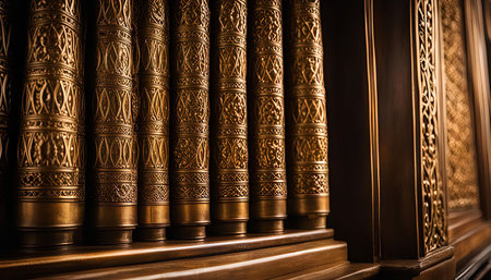 A close-up shot of an intricately designed book binding with golden accents on a wooden shelf.の写真素材
