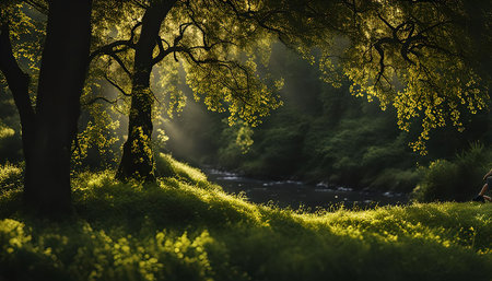 A photograph showcasing the beauty of a woodland scene, featuring sunlight filtering through trees and leaves, casting a golden glow on the ground, a tranquil stream meandering through the forest.の写真素材