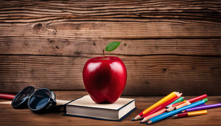 A red apple sits on top of a closed book, surrounded by colorful pencils. The image evokes the feeling of education and learning.の写真素材