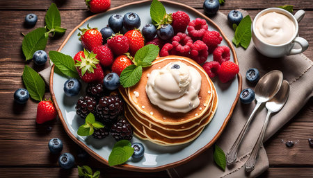 A delicious breakfast plate with pancakes, berries, and cream. The pancakes are topped with whipped cream and blueberries. The plate is surrounded by fresh berries and a cup of coffeeの写真素材