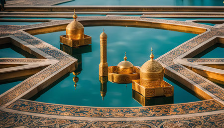 A view of golden domes reflected in a pool of water. The intricate details of the architecture and the serene atmosphere create a stunning visual.の写真素材