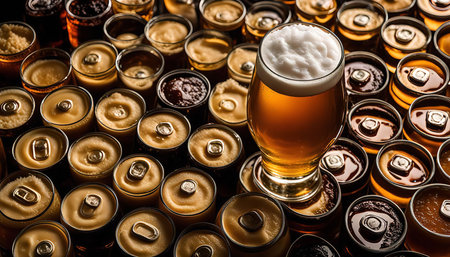 A glass of golden beer with a thick, frothy head sits atop a pile of closed cans, a visual representation of the popular beverage.の写真素材