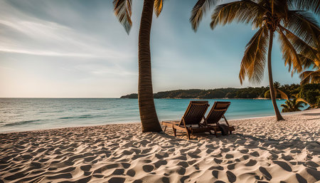 Two wooden chairs on a pristine white sand beach, facing a calm turquoise ocean with palm trees swaying in the breeze. The setting sun casts a golden glow over the horizon, creating a serene and tranquil atmosphere.の写真素材