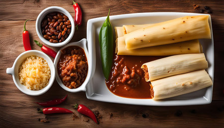 A delicious mexican meal with tamales, chili and rice on a wooden tableの写真素材