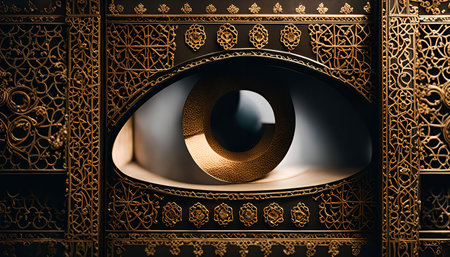 A close-up photograph of a golden eye sculpture, showing intricate patterns and details. The eye is set against a dark backdrop, highlighting the lustrous gold finish.の写真素材
