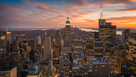 A panoramic view of the New York City skyline at sunset, with the iconic skyscrapers illuminated against a colorful sky.の写真素材