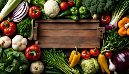 A variety of fresh vegetables arranged around a wooden cutting board, with a focus on the vibrant colors and textures of the ingredients.の写真素材