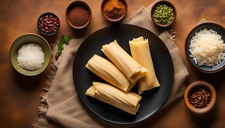 A black plate filled with tamales, traditional Mexican food. Surrounded by various ingredients, such as rice, beans, and chili powder, the image captures the essence of Mexican cuisine.の写真素材