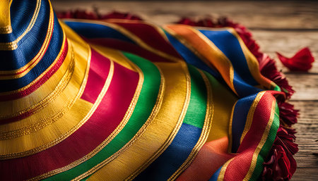 A close-up shot of a colorful Mexican sombrero hat with intricate details and vibrant stripes. The hat is lying on a wooden surface, with its fringes and texture visible.の写真素材