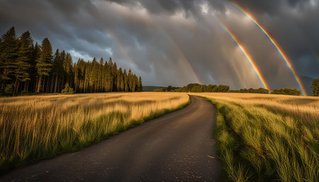 A picturesque scene of a country road leading towards a double rainbow arcing over a grassy field. The sky is filled with dramatic clouds, adding to the beauty of this serene landscape.の写真素材