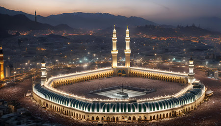 An aerial view of the Masjid al-Haram in Mecca, Saudi Arabia at night. The mosque is illuminated and surrounded by a large crowd of people performing the Hajj pilgrimage.の写真素材