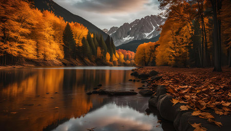 A serene scene of a lake reflecting the vibrant colors of autumn foliage and mountains in the background.の写真素材