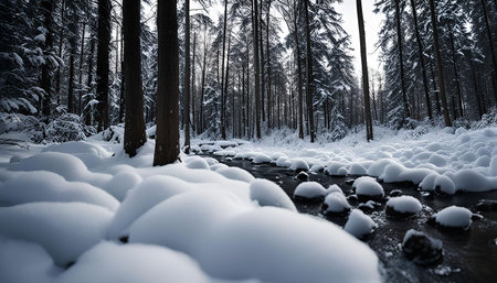 A stream meanders through a snowy winter forest, surrounded by tall, snow-covered trees and a bed of soft snow.の写真素材