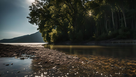 A serene riverbank scene with trees lining the edge of the water. Sunbeams pierce through the...