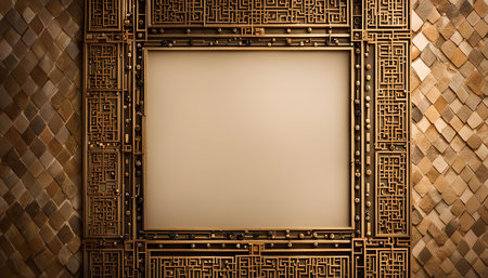 A close-up shot of an ornate golden frame with intricate details on a wall.の写真素材