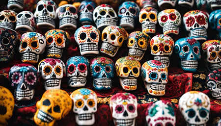A collection of colorful sugar skulls, a traditional Mexican symbol of life and death, for the Day of the Dead celebration.の写真素材