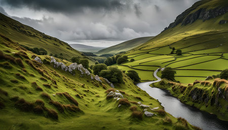 A serene view of a winding river flowing through a lush green valley surrounded by rolling hills and mountains.の写真素材
