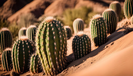 A group of cactus plants growing in a desert environment, the green of the cactuses stands out against the sand.の写真素材