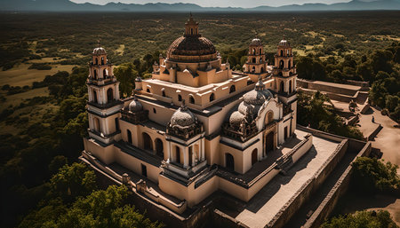 An aerial view of a church with a domed roof and surrounded by trees and mountains. The church is a beautiful example of religious architecture. It features a dome, towers and many details which showcase traditional style.の写真素材