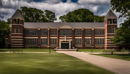 A photo of a historic brick school building on a sunny day, with a green grass lawn and a path leading up to the front entrance.の写真素材