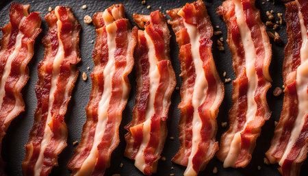Close-up shot of crispy bacon strips on a black plate. The bacon is arranged in a row and is cooked to perfection.の写真素材
