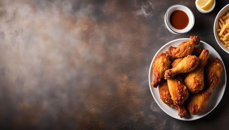A plate of fried chicken and French fries on a brown background. The chicken is crispy and golden brown and the fries are golden and crunchy.