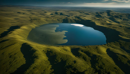A breathtaking aerial view of a crater lake nestled in a lush green forest, showcasing the beauty of nature from above.の写真素材