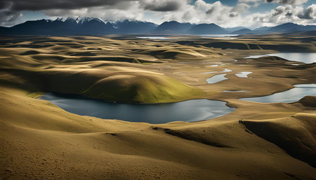 A breathtaking aerial view of a landscape with multiple lakes and mountains in the distance, under a partly cloudy sky. The scene is serene and calm, showing the vastness and beauty of nature.の写真素材
