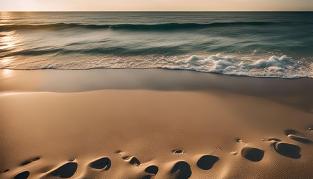 A tranquil beach scene at sunset. Footprints leading towards the ocean, capturing the essence of relaxation and serene beauty of the coastline.の写真素材