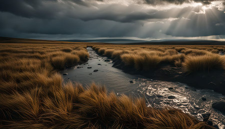 A stream flows through a grassy meadow with a dramatic sky overhead. Sunlight peeks through the clouds, casting rays of light on the landscape.の写真素材
