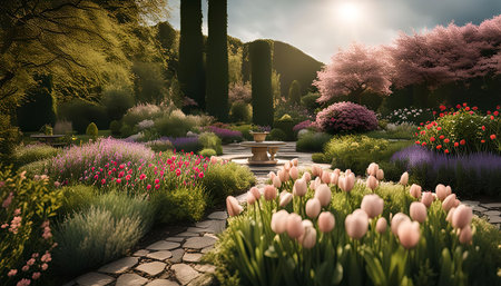 A beautiful garden scene with a stone pathway leading to a stone fountain in the center, surrounded by blooming tulips and lush greenery, with sunbeams filtering through the trees.の写真素材