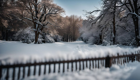 A serene winter scene featuring snow-covered trees and a wooden fence. The forest is bathed in a soft, white blanket of snow, creating a peaceful and tranquil atmosphere.の写真素材