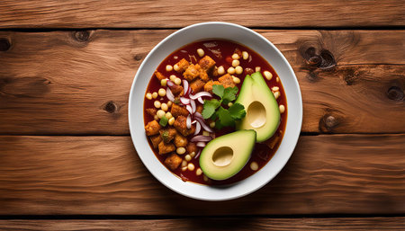 A bowl of delicious Mexican soup with avocado on top on a wooden backgroundの写真素材