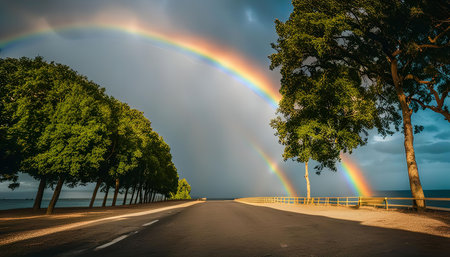 A scenic view of a road lined with trees, with a beautiful rainbow arching over the horizon. The water glistens in the sunlight, creating a picturesque scene.の写真素材