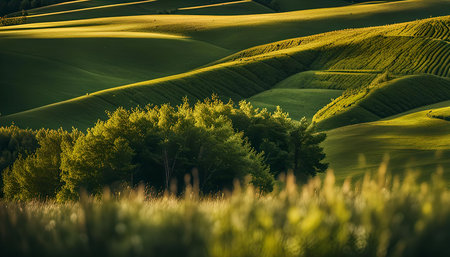 A breathtaking view of rolling green hills bathed in the warm glow of the setting sun. The landscape...